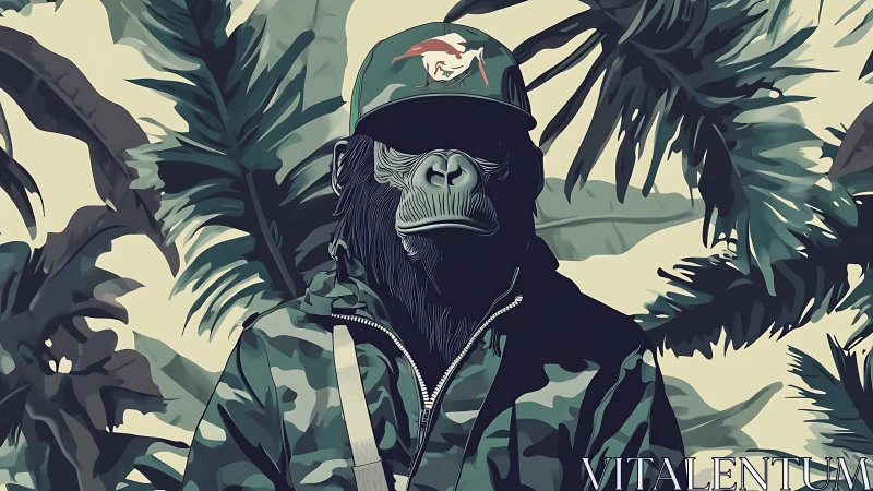 Gorilla in camouflage jacket stands amid stylized jungle foliage