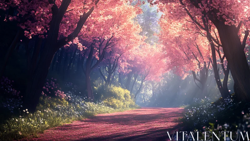 Luminous Cherry Blossom Path Through Enchanted Forest.
