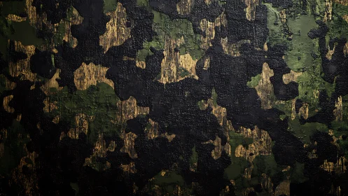 Weathered camouflage wall surface catches gritty urban light