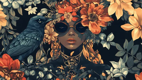 Floral crowned woman with raven companion in ornate portrait