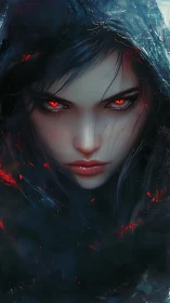 Red-eyed night sorceress wrapped in ember-touched shadows.
