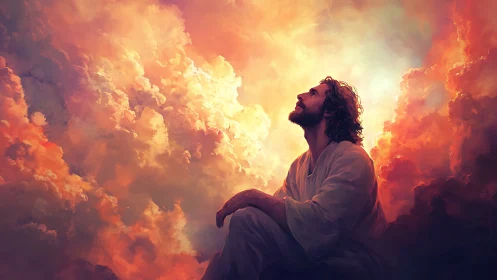 Man in white robe looking upward amid glowing clouds.