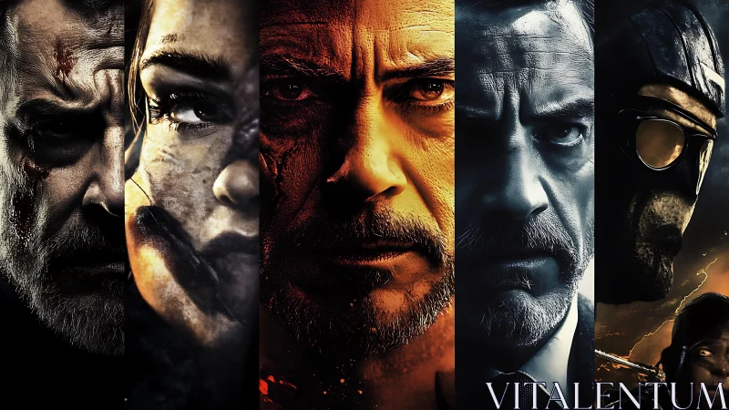 Cinematic warrior portraits in split-panel dramatic lighting.