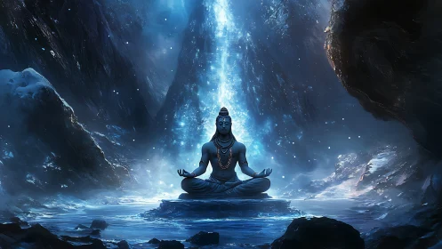 Meditating deity in luminous icy cavern haloed by starlight.