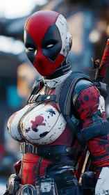 Masked armored character stands in urban outdoor environment