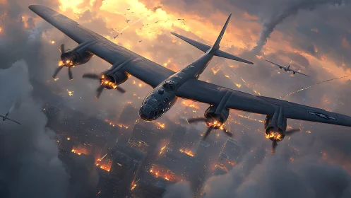 Military bomber aircraft over burning city at dusk sky.
