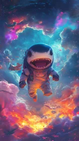 Cosmic sharkonaut dives through nebula fire and candy clouds.