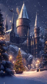 Nocturnal winter citadel with illuminated festive conifer.