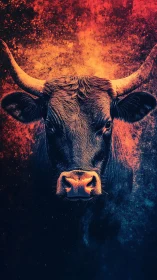 Digital painting bull portrait with neon duotone contrast.