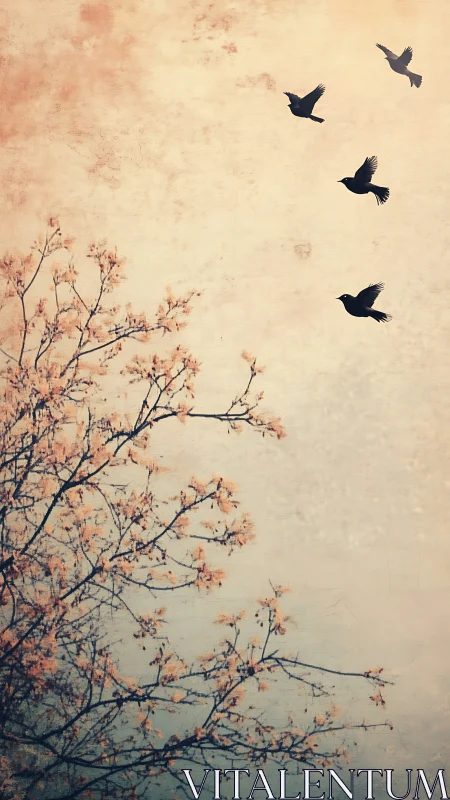 Soft sunrise sky with four birds and gentle flowering tree.