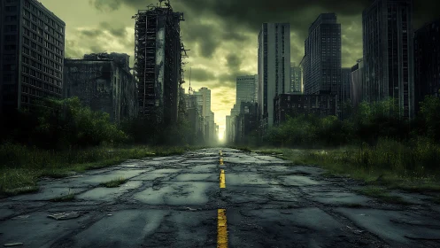 Derelict urban avenue with overgrown high rise ruins.