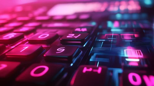 Neon calculator keys glowing in a dreamy cyber haze.