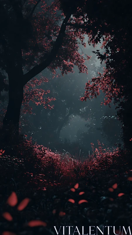 Crimson Leaves Frame a Mystical Forest Gateway
