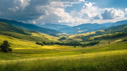 Sunlit valleys drift beneath storm-brushed mountain skies.