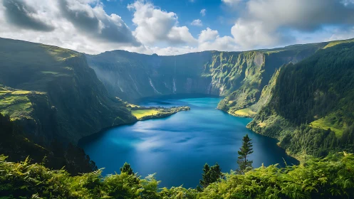 Emerald cliffs embrace a tranquil blue crater lake at sunrise.