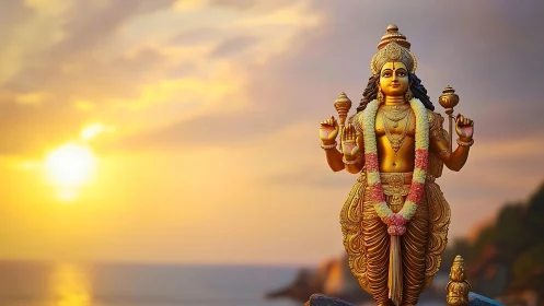 Golden four-armed deity statue before coastal sunset sky.