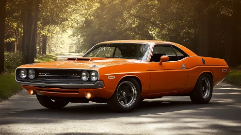 High-chroma vintage muscle coupe under diffused forest backlight.