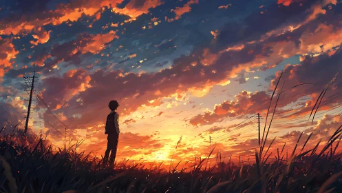 Sunset journey under blazing clouds and rural power lines.