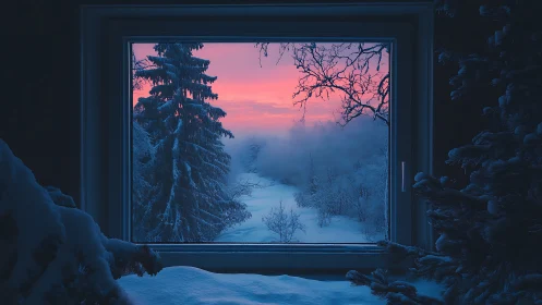 Snowy forest window view under vivid winter sunrise.