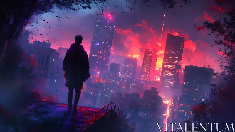 Backlit silhouette surveys neon-lit cyberpunk skyline at dusk