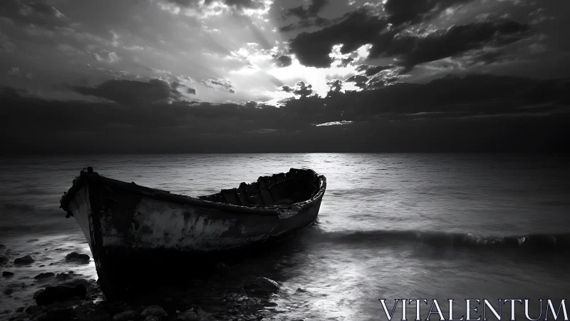 Moonlit wrecked boat broods beneath storm split horizon.