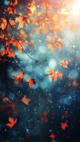 Golden autumn leaves drift softly through glowing light.