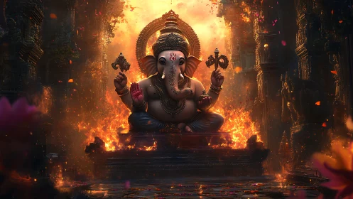 Divine Ganesha idol glows within blazing temple sanctum.