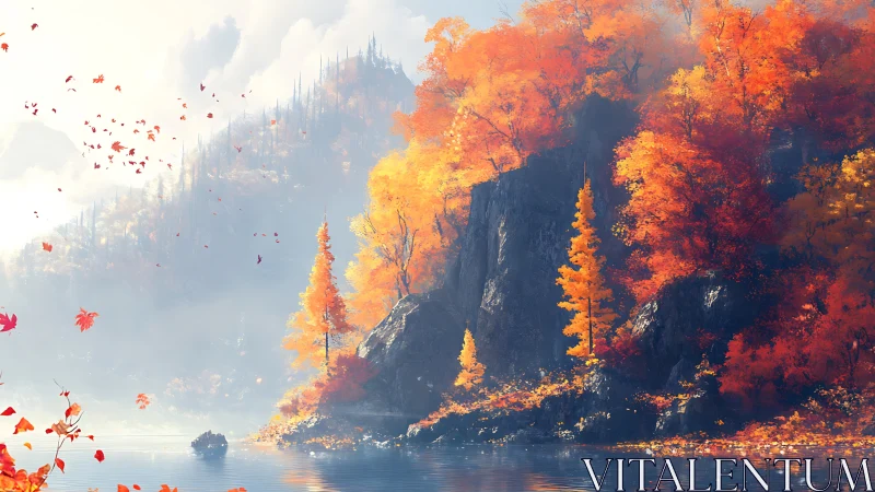 Autumn mountainside lake rendered with high dynamic color contrast