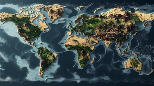 3D relief world map with stylized terrain and oceans.