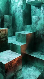 Warm teal stairway of textured geometric blocks in light.