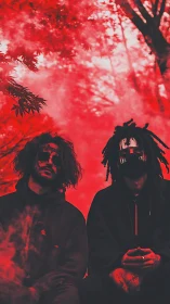 Masked duo in red forest haze with stylized dark clothing.
