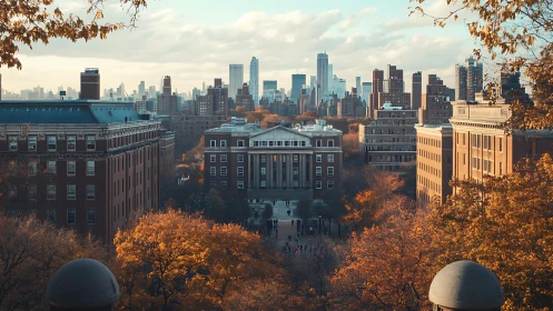 Sunlit campus courtyard embracing a calm autumn cityscape.