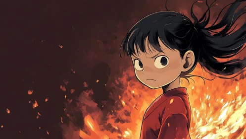 Fiery young hero standing strong against glowing embers.