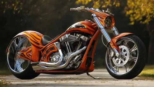 Photoreal custom chopper with chrome detailing and flame livery.