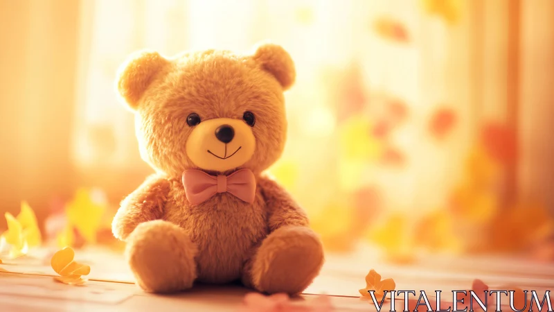 Soft teddy bear in dreamy golden autumn light.