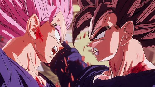 Anime duel close-up with dynamic lighting and blood effects.