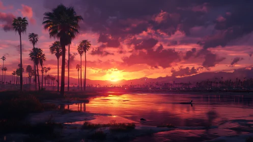 Palm-lined coastal wetland under vivid sunset sky.