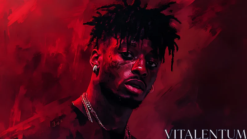 Digital portrait in red hues with intense male gaze.