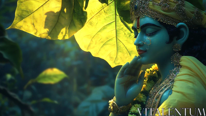 Serene blue deity statue under large backlit leaf canopy.