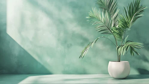 Potted palm rendered against textured teal wall with hard window light