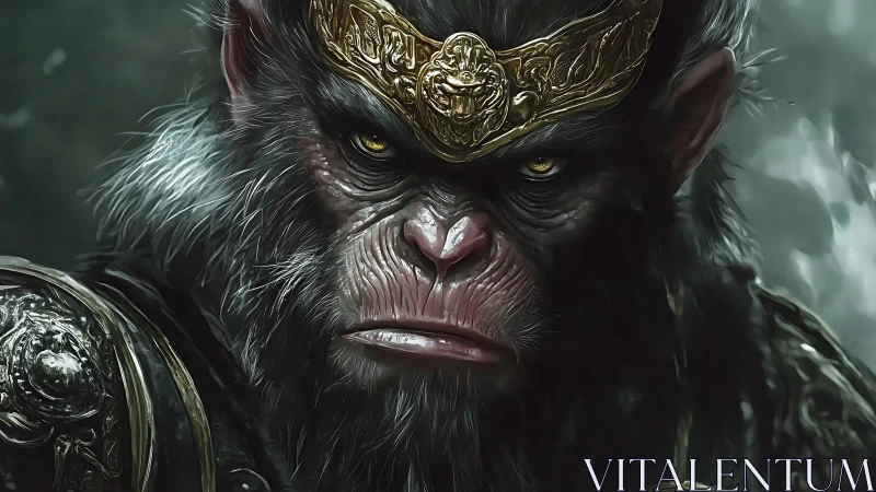Armored warrior monkey stares forward with intense focus