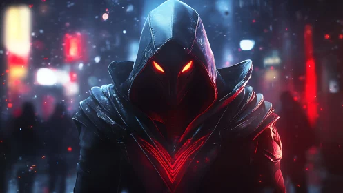Hooded cyber figure with glowing red eyes in neon city.