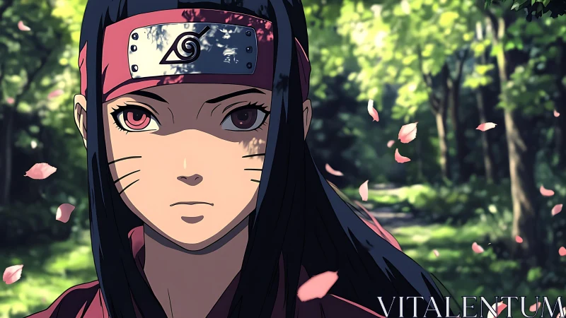 Anime kunoichi portrait under forest light with petals.