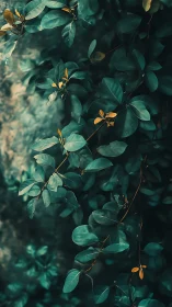 Teal foliage pattern with golden leaf accents in shadowed light.