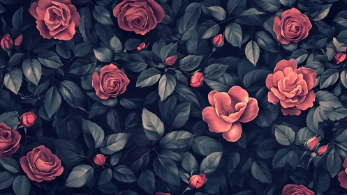 Midnight garden of coral roses whispering in velvet hush.