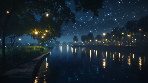 Riverside promenade at night with lamppost reflections and stars