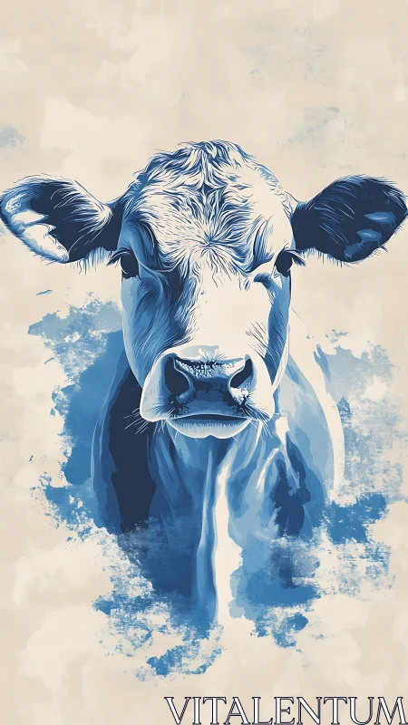 Blue tonal cow portrait with expressive painterly splashes.