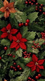 Christmas holly leaves, berries and poinsettia pattern.