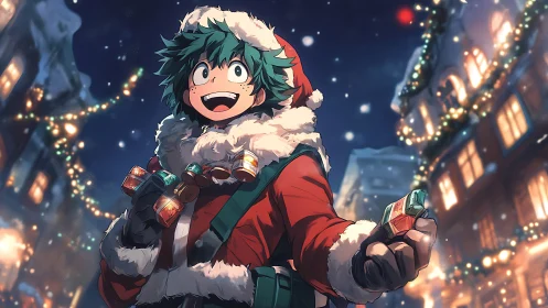 Anime hero in festive Santa costume smiles under winter lights