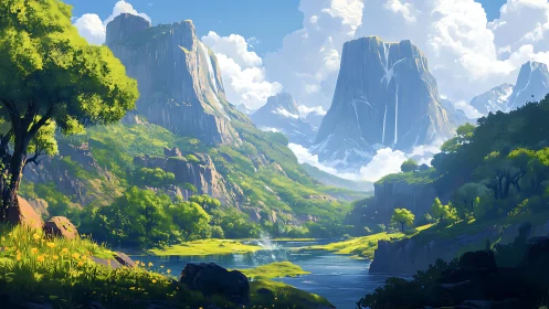 Emerald valley cradles towering stone monoliths in light.